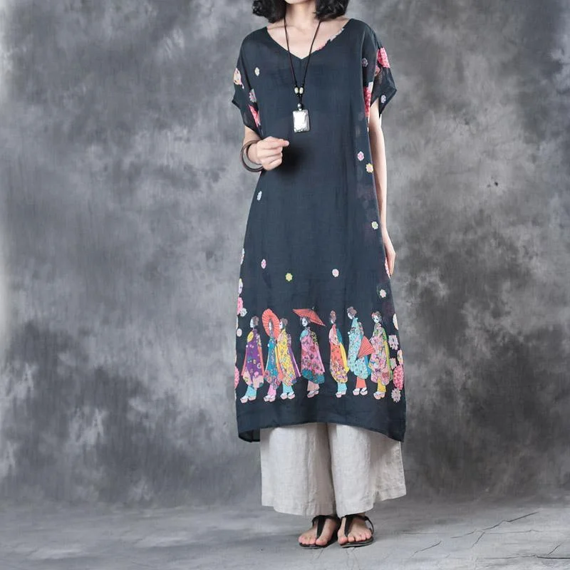 New Black Print Baggy Linen Dresses Plus Size Casual Sundress Short Sleeve Maxi Dress Elegant Silk Maxi Dress