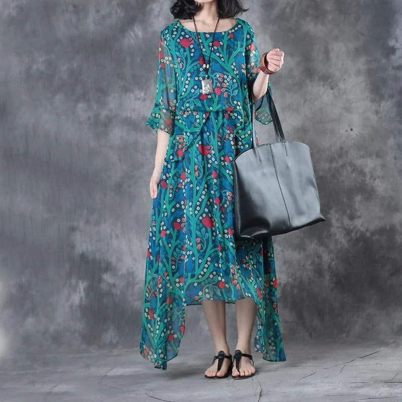 New Blue Print Cotton Casual Dresses Oversize Asymmetric Hem Maxi Dress O Neck Women Sundress Trendy Ruffled Maxi Dress