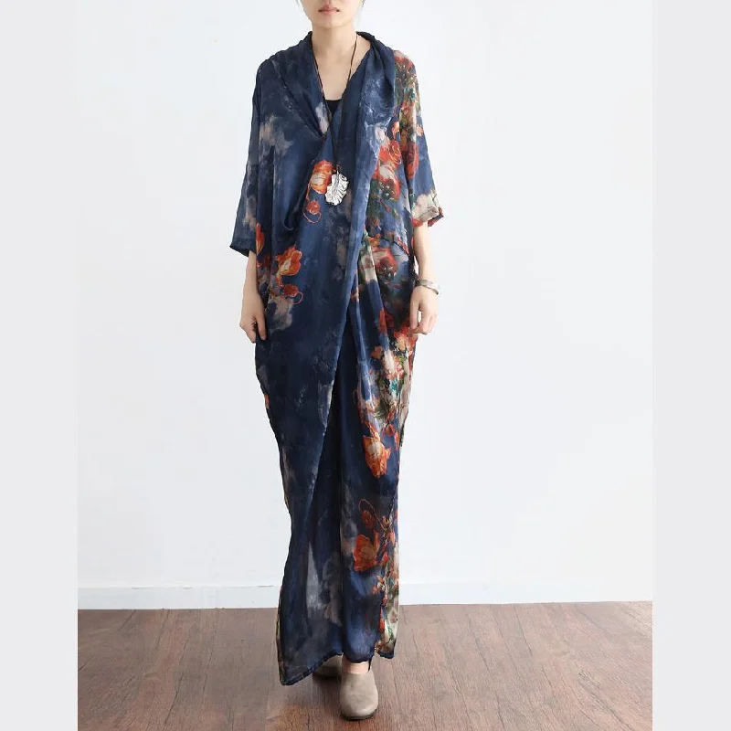 New Blue Print Stylish Casual Chiffon Dresses Plus Size Vintage Unique Maxi Dress Stylish Long Sleeve Maxi Dress