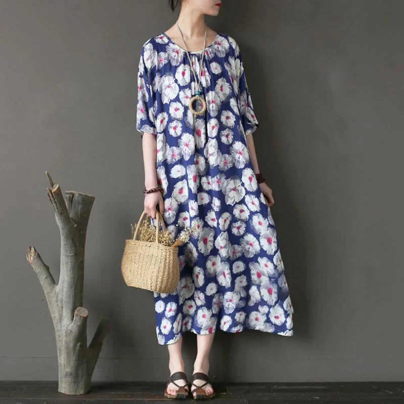 New Cotton Maxi Dress Plus Size Clothing Loose Printing Flower Loose Summer Women Dress Fashionable Sheer Maxi Dress