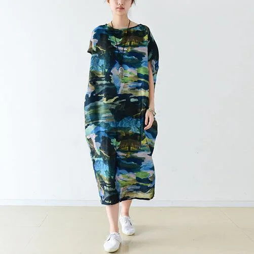 New Green Print Chiffon Dresses Plus Size Stylish Sundress Short Sleeve Maxi Dress Cozy Longline Maxi Dress