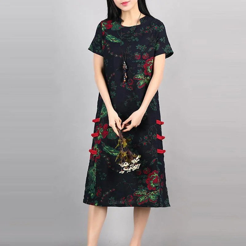 new navy floral vintage cotton dress loose Chinese Button sundress short sleeve maxi dress Comfortable Satin Maxi Dress