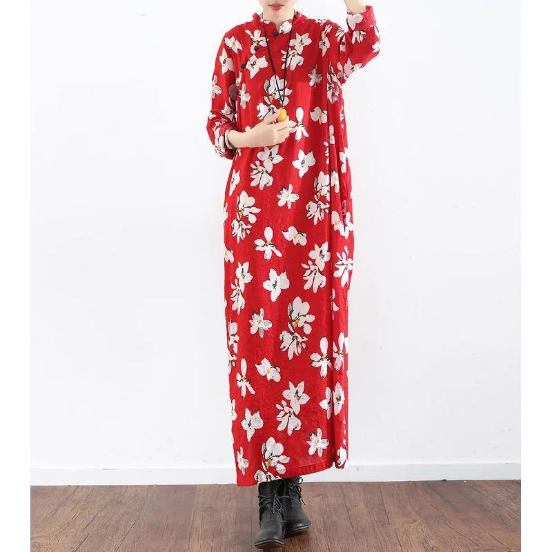 new red prints cotton dresses plus size Chinese button vintage sundress long sleeve maxi dress Elegant Pleated Maxi Dress