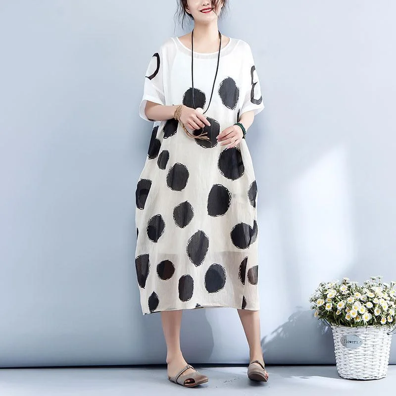 New Silk Linen Maxi Dress Trendy Plus Size Loose Short Sleeve Dots Printed Round Neck Dress Fashionable Printed Maxi Dress