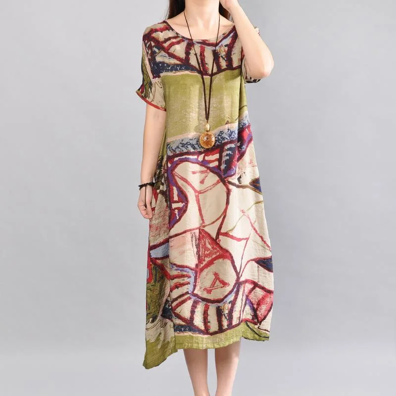 new vintage green print casual linen dress plus size unique sundress short sleeve maxi dress Classic Solid Maxi Dress