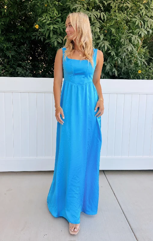 Nina Maxi Dress ~ Azure Blue Luxe Satin Trendy Maxi Dress with Bow