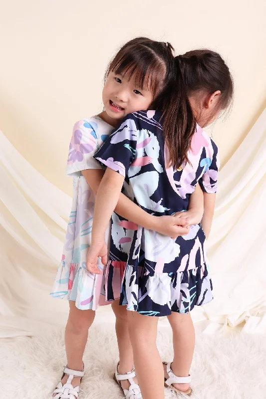 NM KIDS FLORAL DODDLE SLEEVED MIDI DRESS IN NAVY BLUE [12M/18M/2Y/3Y/4Y/5Y/6Y/7Y] Trendy Bodycon Midi Dress