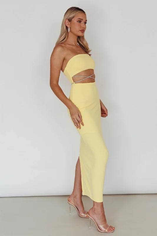 Nohemi Strapless Diamante Midi Dress Yellow Elegant Sleeveless Midi Dress