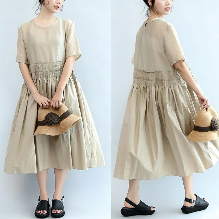 Nude Casual Cotton Dresses Plus Size Elastic Waist Sundress Short Sleeve Maxi Dress Stylish A-Line Maxi Dress