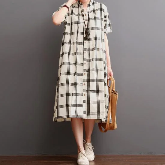 Nude plaid cotton maxi dress sundresses plus size summer dresses Comfortable Fit-and-Flare Maxi Dress