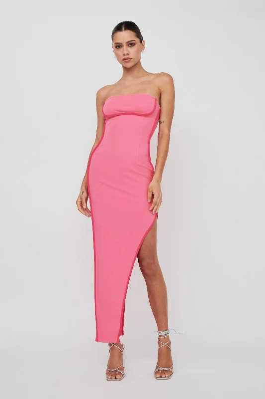 October Strapless Piping Midi Dress Hot Pink Trendy Flared Sleeve Midi Dress