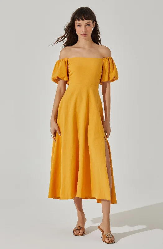 Off Shoulder Puff Sleeve Midi Dress Trendy Fit-and-Flare Midi Dress