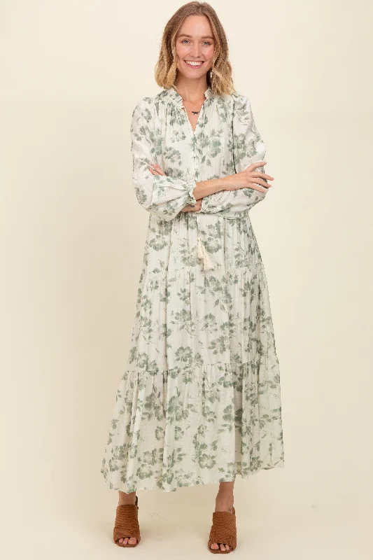 Olive Floral Button Front Tiered Long Sleeve Maxi Dress Trendy Floral Print Maxi Dress