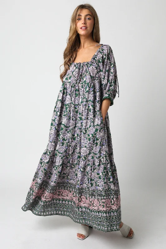 Olive Floral Paisley Cinched Neckline Maxi Dress Cozy Spaghetti Strap Maxi Dress