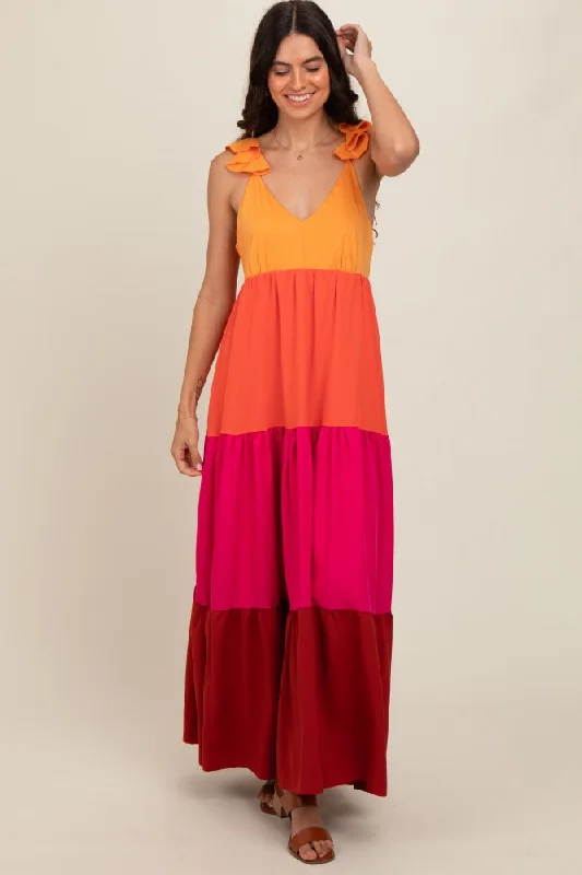 Orange Colorblock Tiered Ruffle Strap Maxi Dress Stylish Longline Maxi Dress