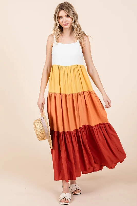 Orange Tiered Colorblock Maxi Dress Stylish Off-Shoulder Maxi Dress