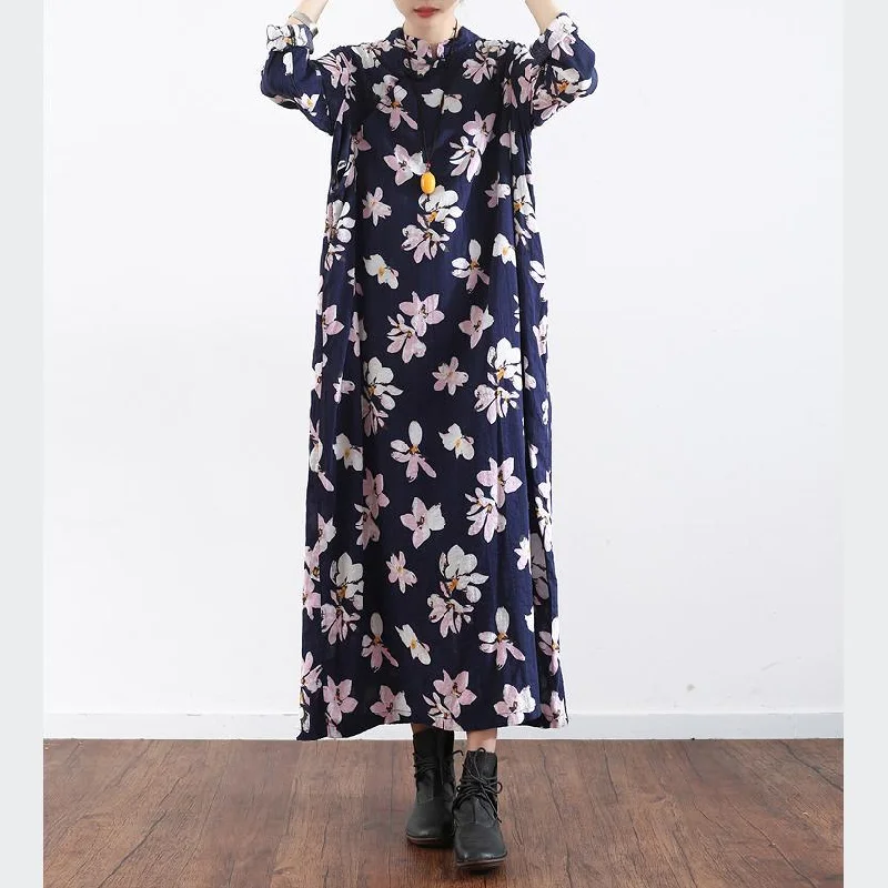 original blue print vintage cotton dresses oversize maxi dress Chinese button casual dress Trendy Ruffled Maxi Dress