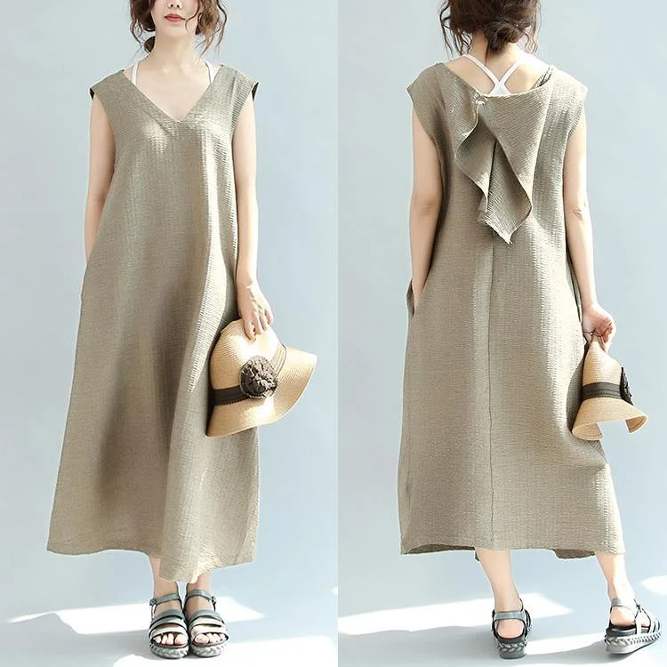 Original khaki casual linen dresses plus size v neck sundress sleeveless maxi dress Stylish Empire Waist Maxi Dress