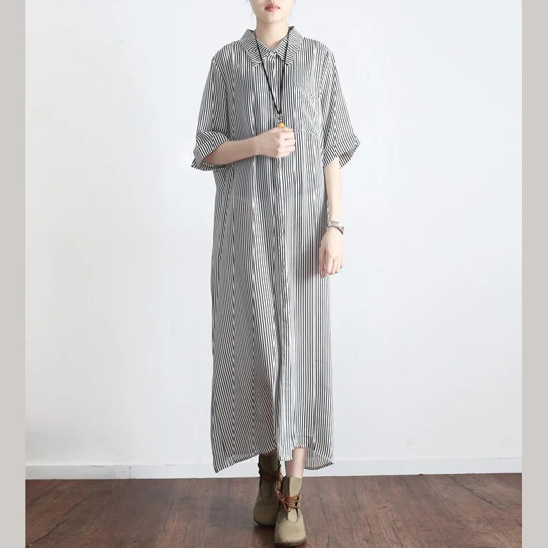 Original Light Gray Striped Silk Dresses Oversize Linen Sundress Turn-down Collar Maxi Dress Elegant Silk Maxi Dress