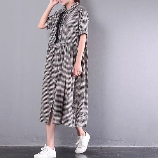 Original New Gray Grid Cotton Dresses Plus Size Lace Patchwork Button Sundress Short Sleeve Maxi Dress Comfortable Pleated Maxi Dress