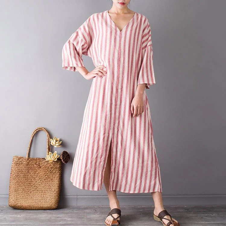 original pink striped cotton dresses plus size casual v neck maxi dress front side open Fashionable High-Waist Maxi Dress