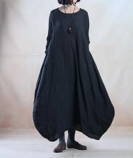 Oversize black linen maxi dress long holiday causal dress Fashionable Button-Down Maxi Dress