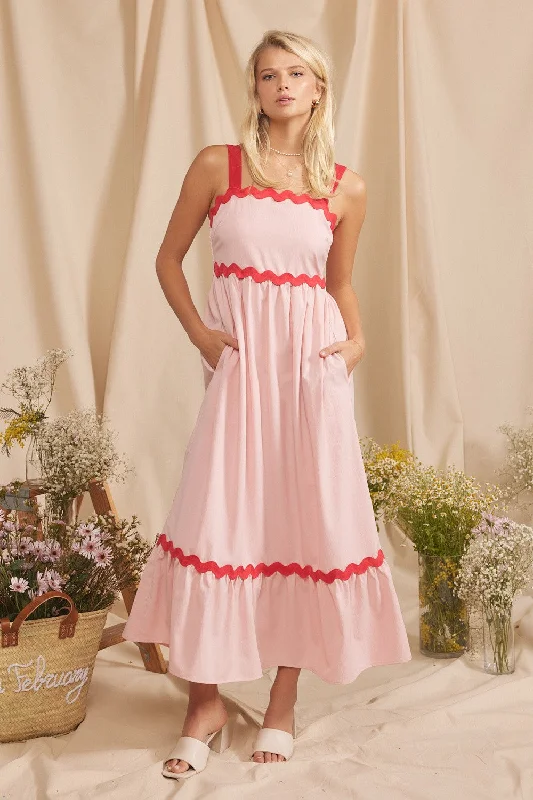 Pink Contrast Trim Maxi Dress Comfortable Ruffle Maxi Dress