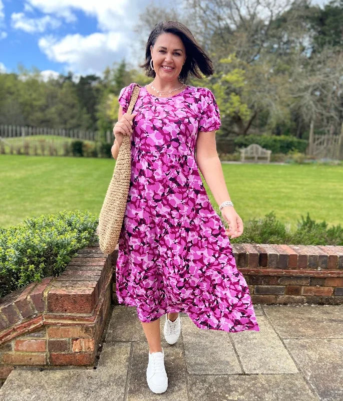 Pink Floral Stretch Midi Dress Cozy A-Line Midi Dress