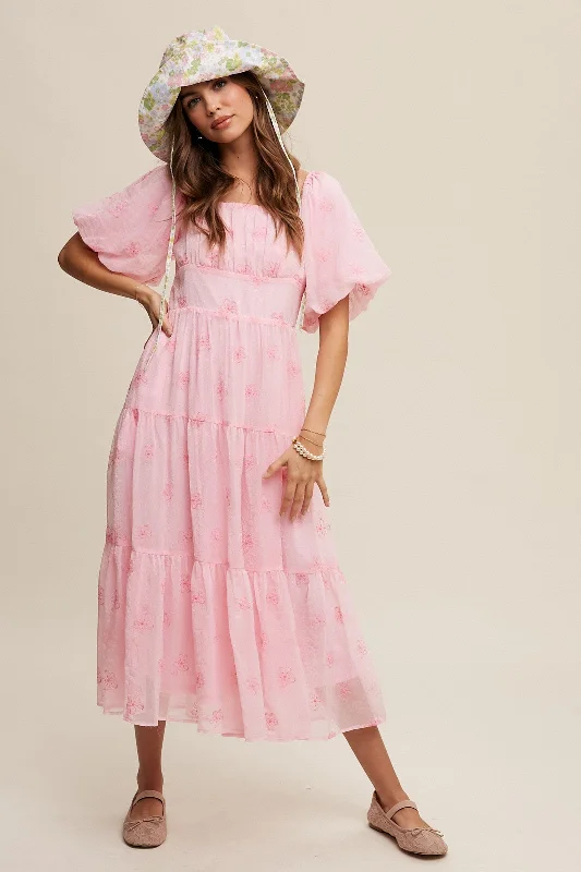 Pink Flower Embroidered Puff Sleeve Tiered Maxi Dress Comfortable Cotton Maxi Dress