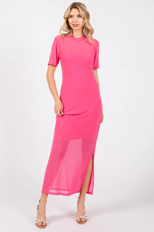 Pink Layered Mesh Maxi Dress Elegant Maxi Dress with Belt