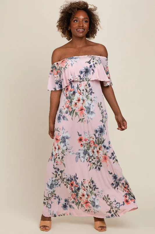 Pink Off Shoulder Floral Ruffle Maxi Dress Elegant Velvet Maxi Dress