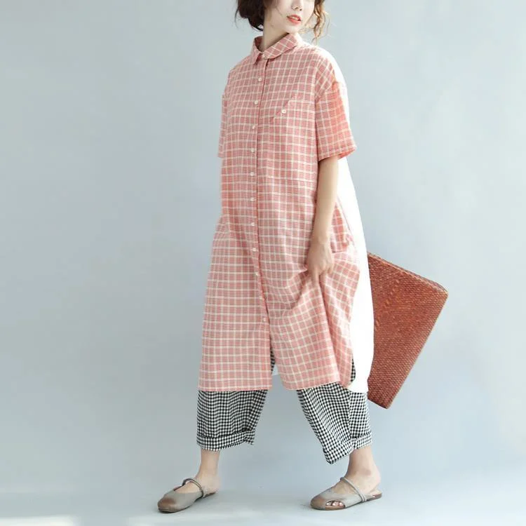 pink plaid oversize cotton maxi dress casual stylish summer dresses short sleeve prints shirt dress Casual Maxi Dress with Pockets