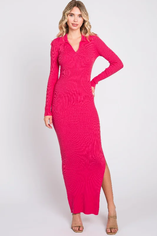 Pink Rib Knit Collared Maxi Dress Casual Maxi Dress with Pockets