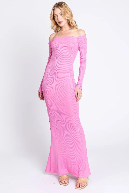 Pink Ribbed Off Shoulder Long Sleeve Maxi Dress Stylish Maxi Dress with Pleats