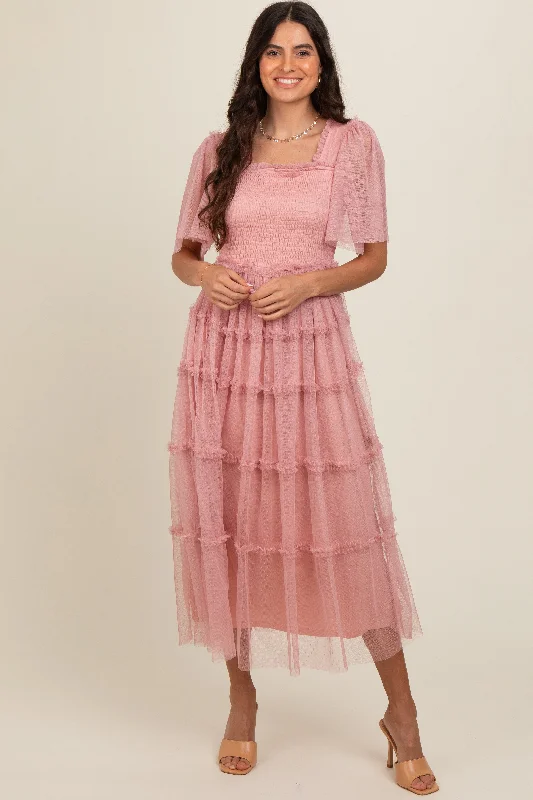 Pink Ruffled Mesh Maxi Dress Trendy Ruffled Maxi Dress