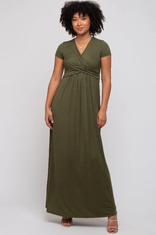 PinkBlush Olive Draped Nursing Maxi Dress Comfortable Pleated Maxi Dress