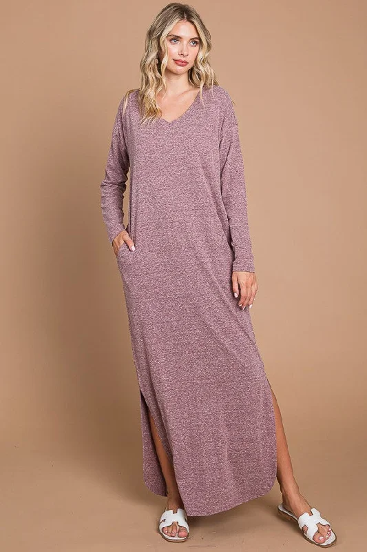 Plum Heathered Pocketed Long Sleeve Maxi Dress Fashionable Open-Back Maxi Dress