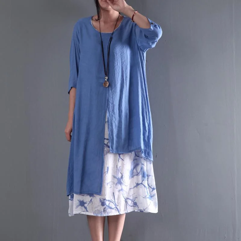 Plus Size Blue Asymmetrical Summer Floral Maxi Dress Chic Summer Maxi Dress