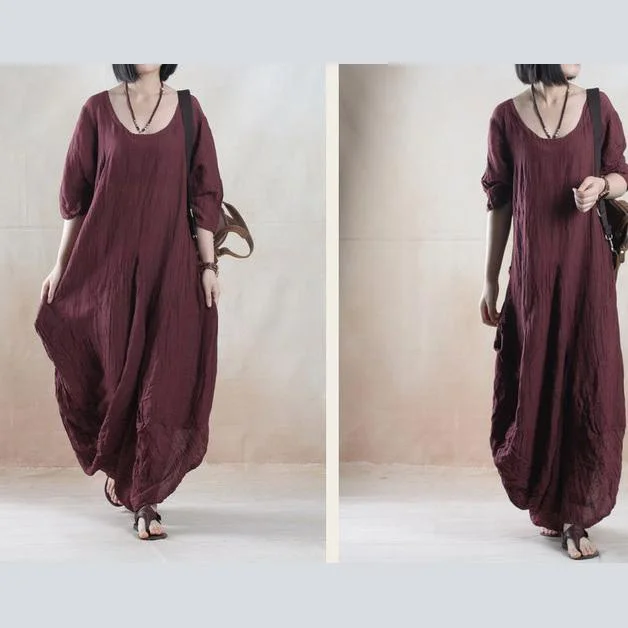 Plus size brown summer maxi dress linen sundress Classic V-Neck Maxi Dress