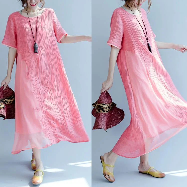 Plus Size-Peach Pink Pleated Linen Dress Summer Short Sleeve Long Cotton Maxi Dresses Fashionable Off-Shoulder Maxi Dress