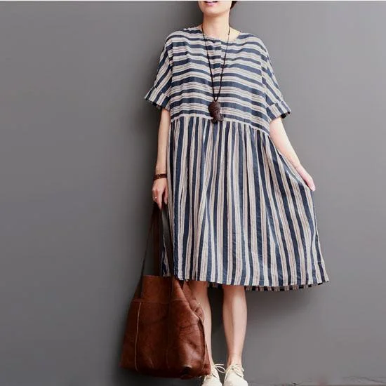 plus size white striped linen sundress summer patchwork casual dresses o neck linen maxi dress Comfortable Bohemian Maxi Dress