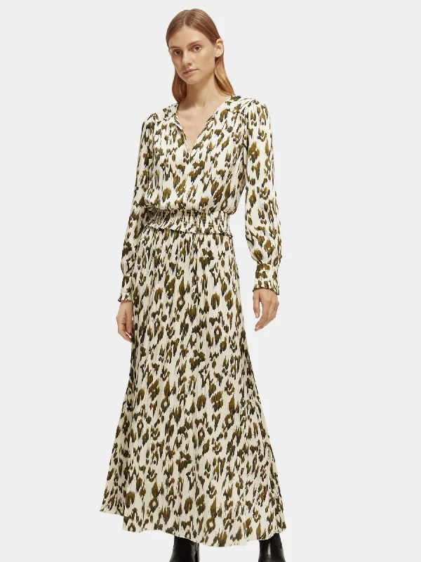 Printed long sleeved maxi dress Trendy Maxi Dress with Belt