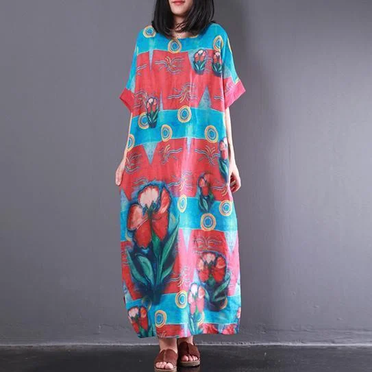 Red Blue Print Unique Linen Dresses Plus Size Patchwork Sundress Short Sleeve Maxi Dress Trendy A-Line Maxi Dress