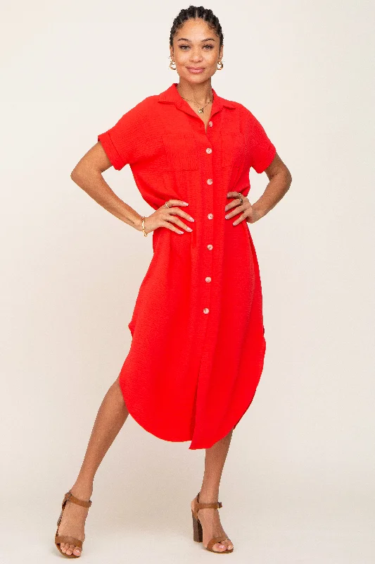 Red Button Down Hi Low Maxi Dress Fashionable High-Low Maxi Dress