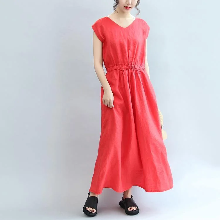 Red Elastic Waist Linen Dresses Loose Casual Sundress Short Sleeve Maxi Dress Elegant Floral Maxi Dress