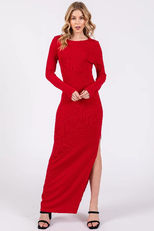 Red Ribbed Long Sleeve Side Slit Maxi Dress Comfortable Pleated Maxi Dress