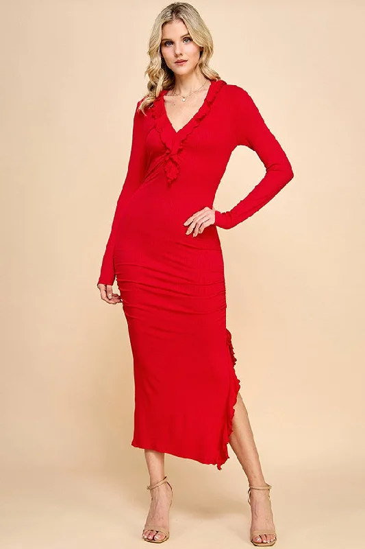 Red Ruffle Ruched Long Sleeve Maxi Dress Stylish Maxi Dress with Frills