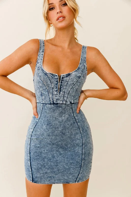 Rhythm Wide Strap Bodycon Mini Dress Washed Blue Stylish Button-Down Mini Dress