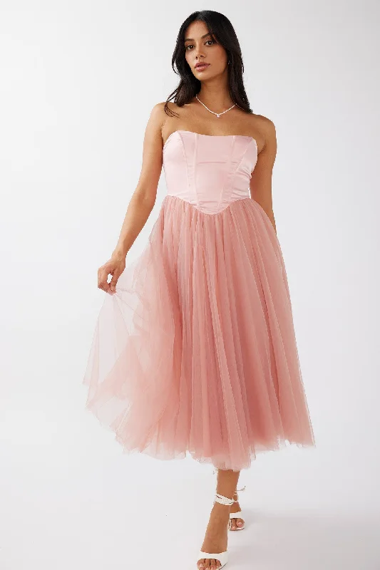 Rosemary Tulle Bustier Midi Dress Pink Elegant Satin Button Midi Dress