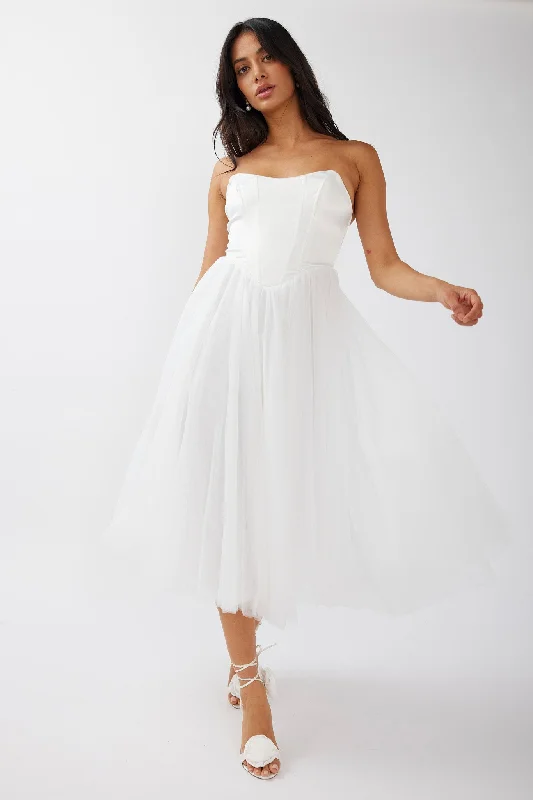 Rosemary Tulle Bustier Midi Dress White Trendy Tiered Hem Midi Dress